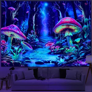 Yuiqear Blacklight Mushroom Tapestry Fantasy Forest Tree Tapestries UV Reactive Floral Plant Tapestries Neon Glow in The Dark Tapestry Wall Hanging for Bedroom Aesthetic Decor