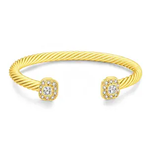 Aprilery Golden Twisted Cable Cuff with Square Zircon Accents – Textured Open Bracelet with Glamorous Sparkle