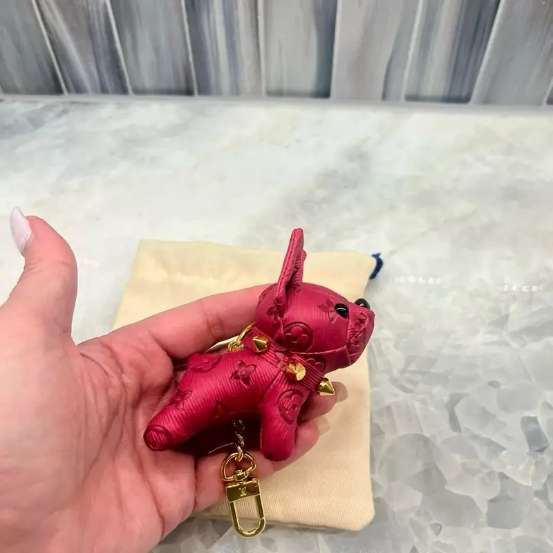 Miniature Frenchie Puppy Bag Charm in Cranberry Pink Leather with Gold Accents & Dust Bag for Keys Purse Backpack Briefcase Accessories