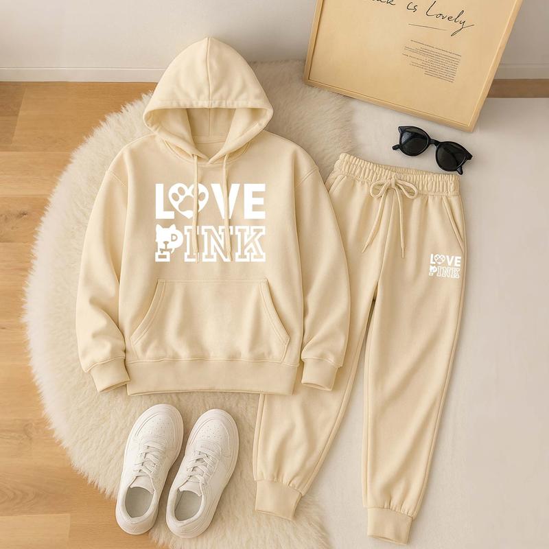 Women's Love Dog Pink Print Hoodie And Drawstring Track Pants Set, Casual Sportswear, Long-Sleeved Hooded Jacket And Pants, Suitable For Autumn And Winter, Everyday Wear, Indoor And Outdoor Sportswear, Casual Sportswear.
