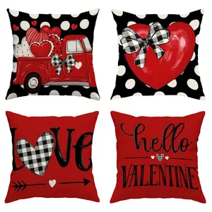 4pcs Valentine's Day Throw Pillow Covers, Red Heart with Bow & Love Truck Design, Black & White Polka Dot Cushion Cases for Home & Outdoor Decor, Valentines Decorations, Romantic Touch, Single-sided printing no pillow insert