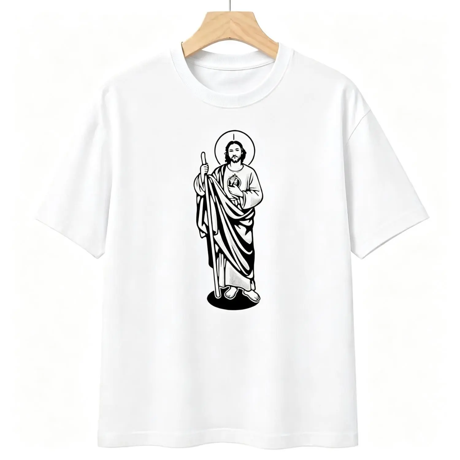 Local Store Cotton T-shirt for Men Featuring Saint Judas Tadeo Religious Printing Design White and Black Crew Neck Casual Menswear Tshirt