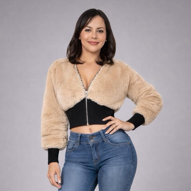 Women's Fashion Spliced Wool Short Jacket Comfortable Long Sleeve Style Outerwear Polyester Casual Thick Garment Womenswear Coats Soft Tops