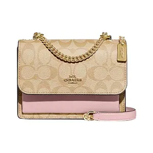 COACH Klare 18 Classic Monogram Snap-Clasp Crossbody Bag for Women, Small Size, Khaki and Pink