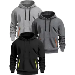 3pcs Men's Fleece-Lined Hooded Sweatshirts 220gsm Heavyweight Casual Pullovers with Adjustable Drawstring Hood Kangaroo Pocket & Ribbed Cuffs Machine Washable for Autumn Winter Menswear Tops Black Gray Grey??gift??