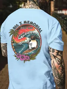 Men's Surfing Penguin Print Round Neck Tee, Regular Fit Casual Streetwear Short Sleeve Crew Neck T-Shirt for Summer, Men's Top for Daily Wear, Tropical