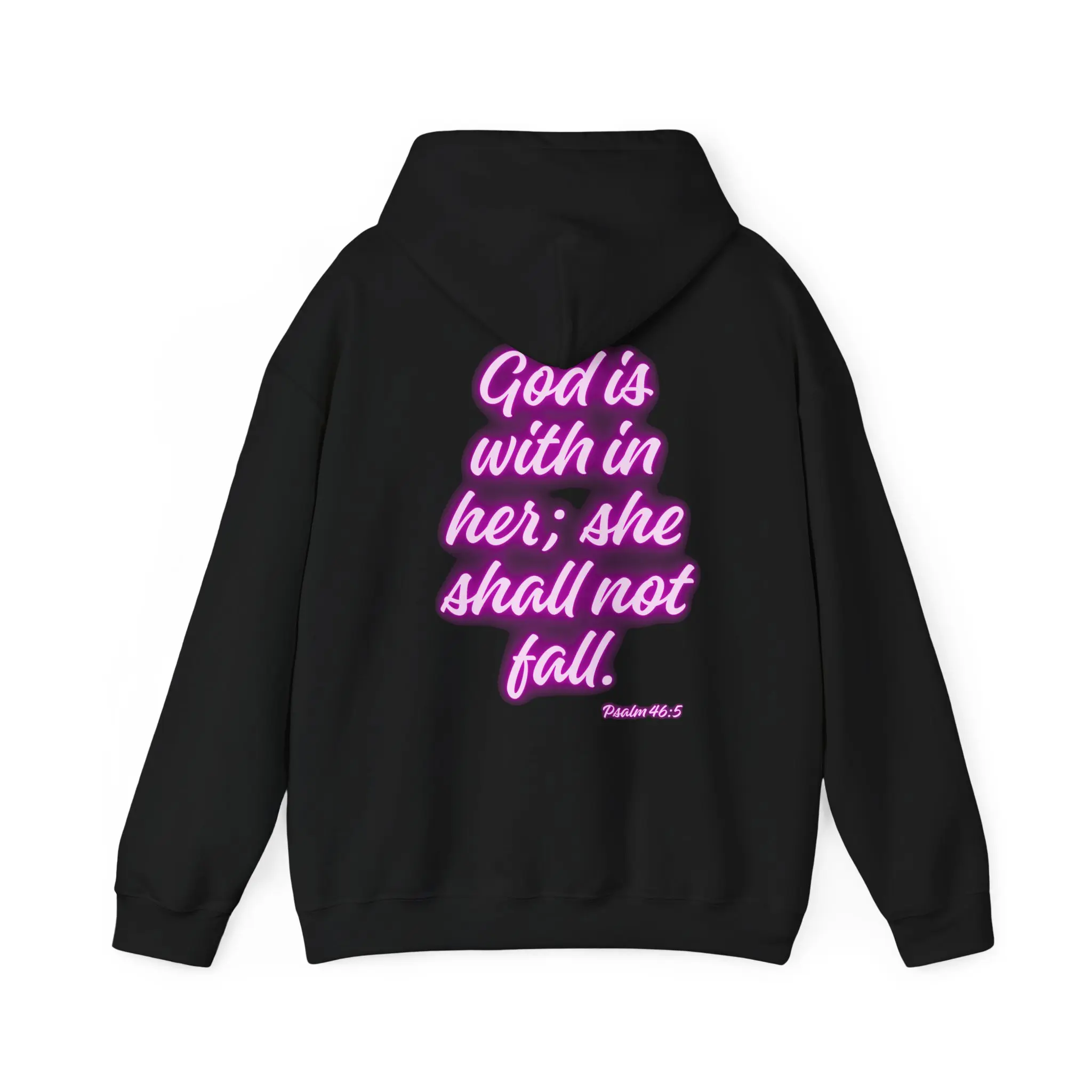 God is with Her Script Hoodie | Pink Neon Bible Verse Psalm 46:5 Back Print, Christian Religious Sweatshirt, Inspirational Quote Jumper,