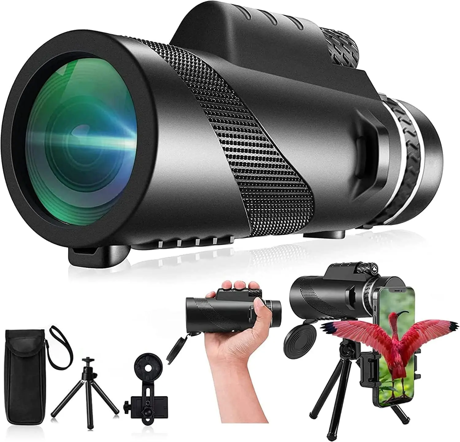 80x100 High Definition Monocular Telescope for Adults with Smartphone Adapter, Black – Hunting Optics Spotting Scope for Wildlife Bird Watching, Camping