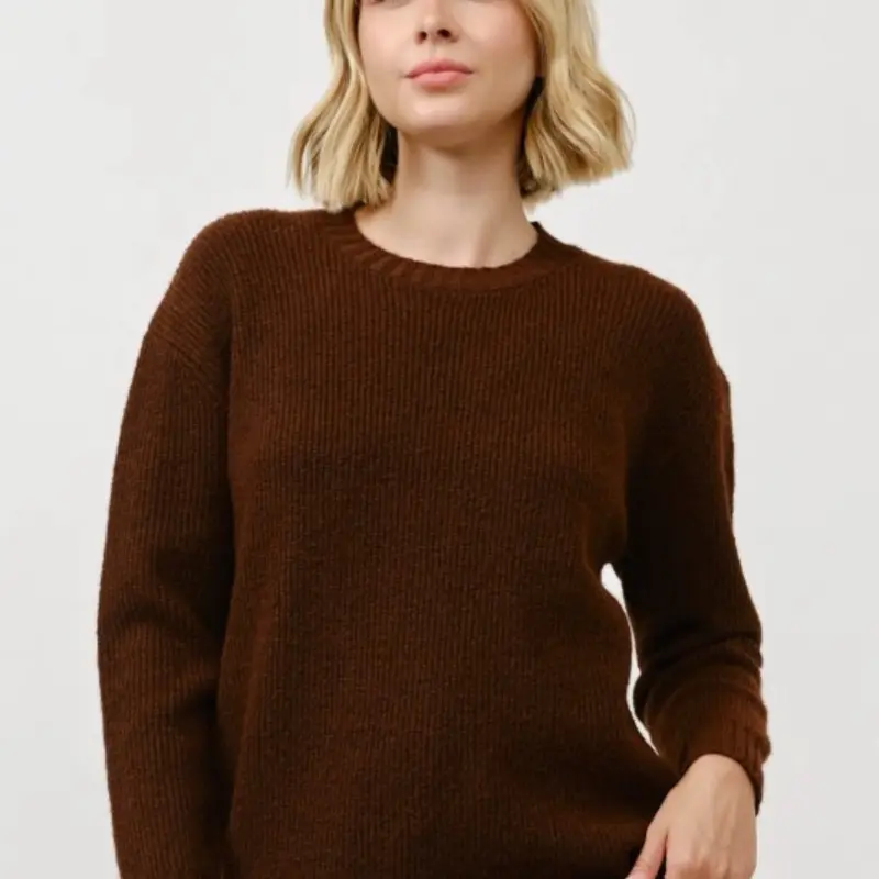 Howie Sweater in Chocolate - Soft Knit Round Neck Long Sleeve Top for Women