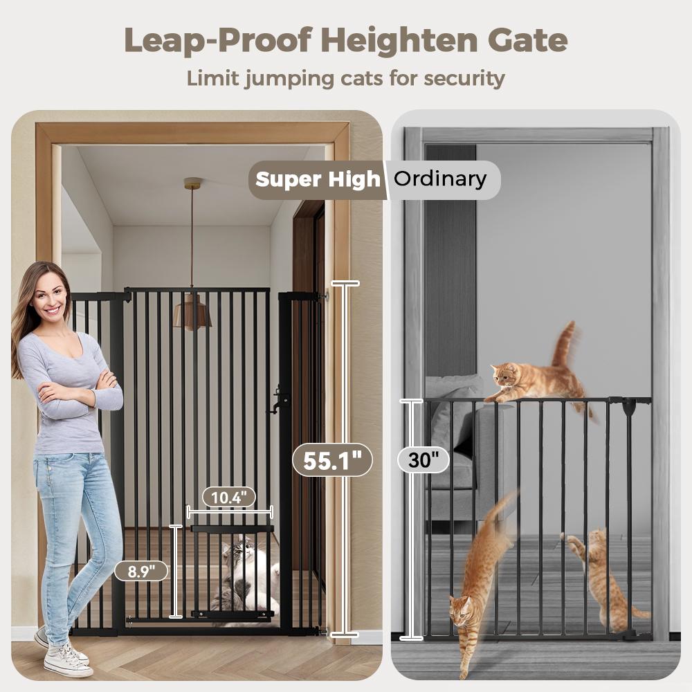 55.1" Extra Tall Pet Gate, 29.5-40.6" Extra Wide Cat Gate, With Adjustable Cat Door, Pressure Mounted Easy Walk Through Pet Gate with Door for Stairs, Doorways, Kitchen, Pet Gate, Black