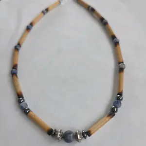 Bamboo Necklace with Blue Beads and Silver Accents Handcrafted Eco-Friendly Jewelry