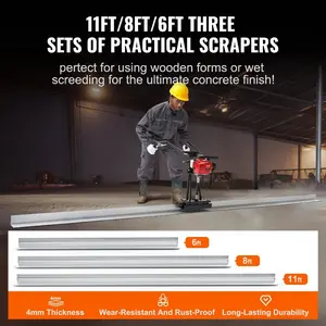 VEVOR Gas Concrete Power Screed, 6ft/8ft/11ft Aluminum Board Straight Edge Bar Set, 4 Stroke Cement Finishing Vibrating Motor w/ Height Adjustable Handles, High Efficient Concrete Tool 6500RPM