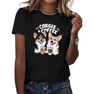 Women's Corgi & Coffee Graphic T-Shirt - Soft, Comfort Fit, Short Sleeve, Round Neck, Casual Style, Machine Washable, Allseason Apparel | Casual Style Shirt | Knit Fabric Tee Clothes Cotton