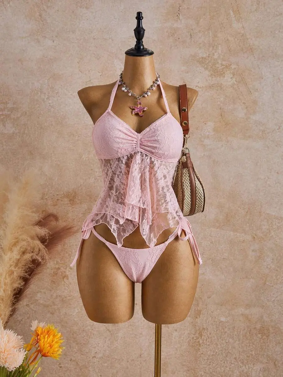 DAMIKA Vacation Beach Ivory Lace Floral Trim Cute Sweet Bow Bikini Set, 2pcs