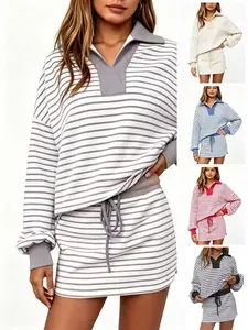 Womens 2 Piece Set Striped Sweatshirt Skirt Set Casual Long Sleeve Skort Workout Matching Lounge Set with Pockets tiktokshopspringglowup,summervibes