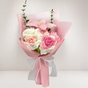 Crochet Flower Bouquet – 6 Flowers Handmade Knitted Bouquet, Faux Roses Preserved Flower Gift for Mother's Day Valentine's Day Birthday, Never Wither Home Decor – Big Pink