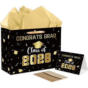 Black  2026 Congrats  Bag, Large Congrats Grad  Bag with Card and Tissue Paper, Graduation  Wrap Bag for College, High School, Class of 2026 Graduate Party Decor Supplies