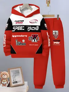 2026 New Racing Theme Printed Hooded Sweatshirt Set for Boys, Casual Fitted Two-Piece Sweatpants, Spring & Fall Fashion