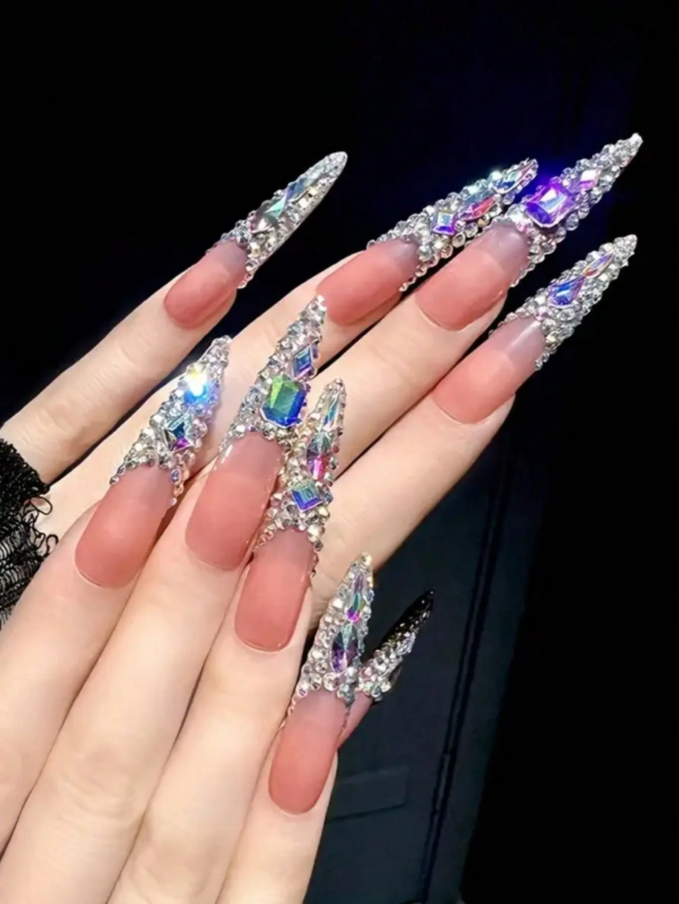 Women’s Handmade Press-On Nails Acrylic Nail Kit (10Pcs) - Long Stiletto, Handcrafted, 3D Flowers & Gems, Luxury Beach Essentials, Stickers, Random Packaging Card & Gift Box Included for Festivals & Daily Wear