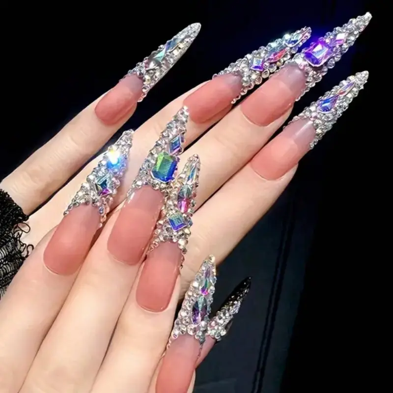 Women’s Handmade Press-On Acrylic Nail Set (10Pcs) - Long Stiletto, 3D Flowers, Gems, Glitter, Luxury Look, DIY Nail Art Stickers, Random Packaging Card, Gift Box, Reusable Mani, Thanksgiving, Daily Wear