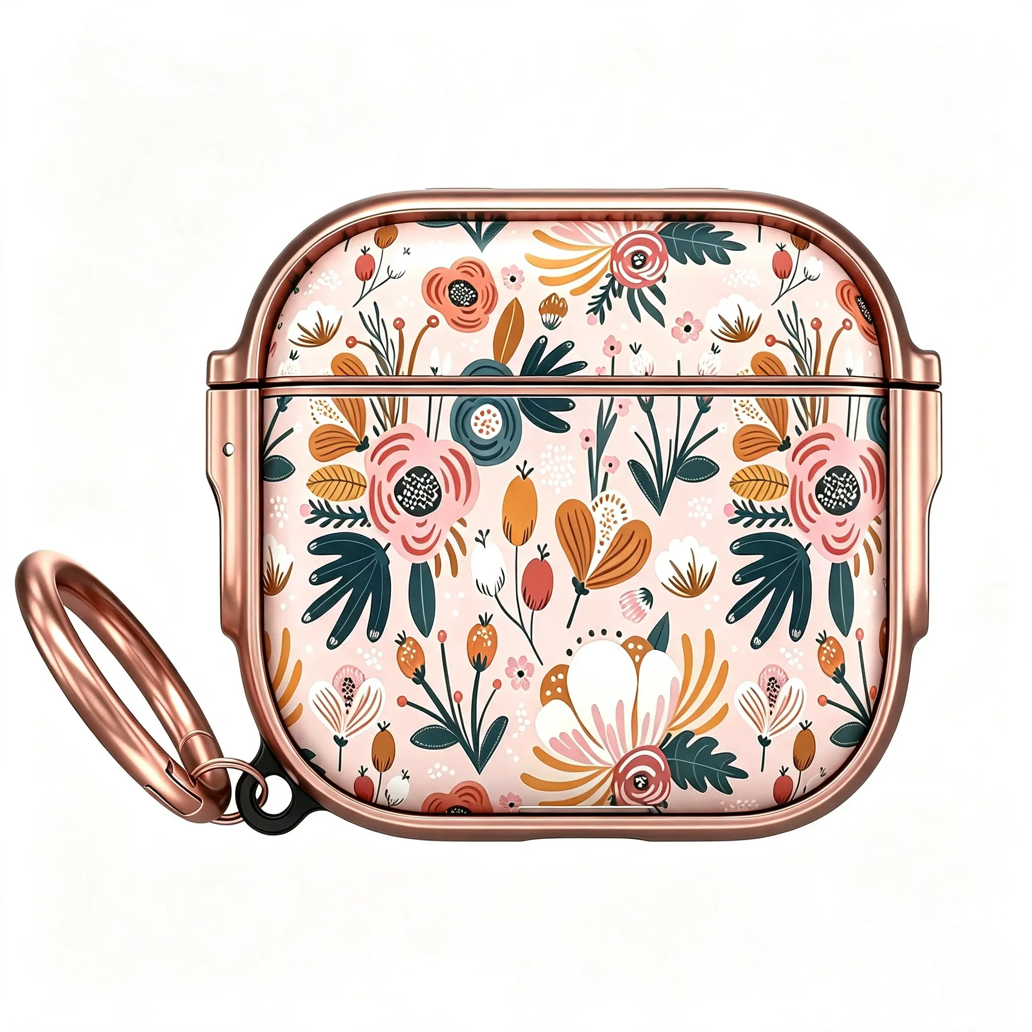 Floral Design AirPods Case with Rose Gold Trim, Keychain Attachment, Protection, and Aesthetic Style for Secure Storage