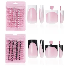 4 Design French Soft Gel Toe Nail Tips Set,120Pcs White Pink Black Full Cover Square Tip Press on Nails & Press on Wider Toenails for Women Home Diy Salon 15 Sizes