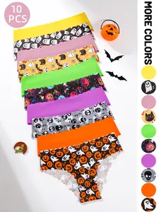 10-pack Halloween women's panties, cute ghost pumpkin skull unique pattern panties, available in various solid colors, suitable for festive celebrations and everyday wear.