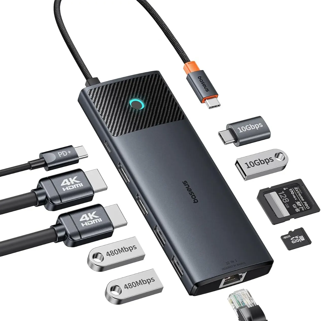 Baseus Docking Station Dual Monitor 10Gbps 10 in 1 USB C Hub with 2 HDMI, Single 4K@120Hz, Dual 4K@ 60Hz, 10Gbps USB C and USB A, Gigabit Ethernet, PD 100W, SD/TF for iPhone 17/Mac/Dell/HP/Lenovo