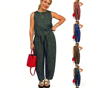 Women's Summer 2 Piece Outfits Plaid Crop Tank Top High Waisted Baggy Ankle Barrel Pants Gingham Lounge Set