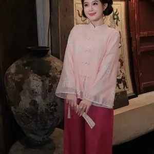 Pháp phục: tơ thêu khuy nhẹ nhàng - Hồng - Set top and pants