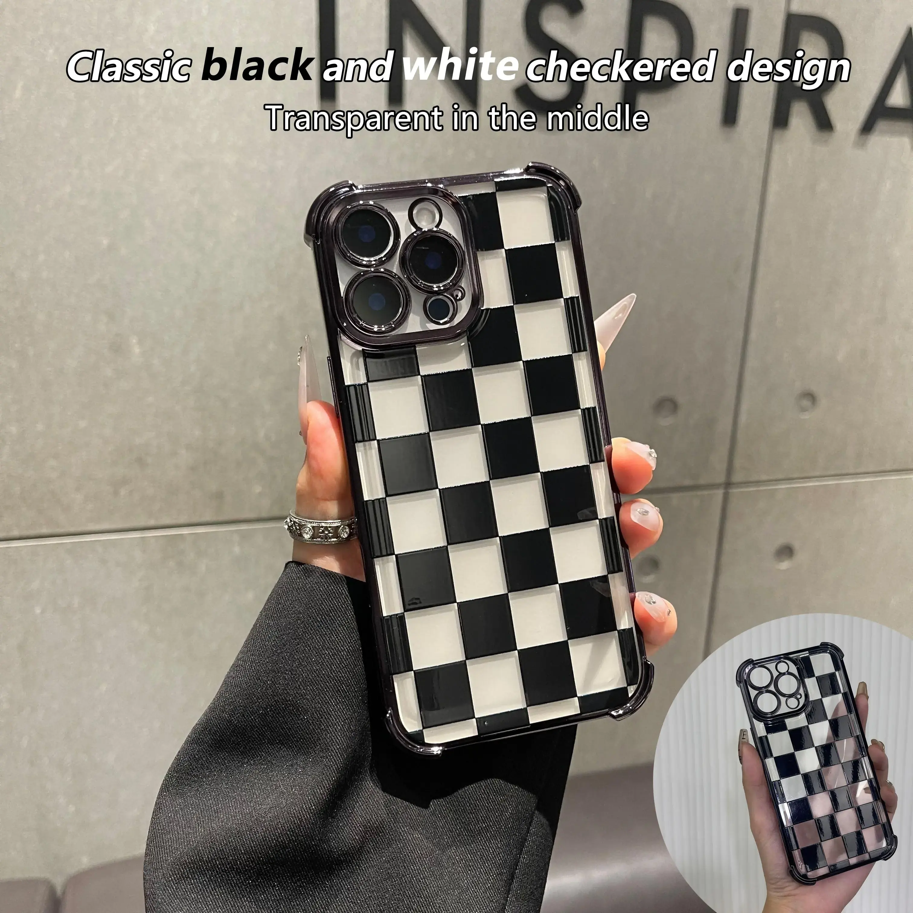 Black Checkerboard TPU Protective Case for iPhone 13-17 Smartphones, Drop-Proof 4-Corner Shockproof Accessory with Camera Protection, Durable Simple Stylish Design, Accessories