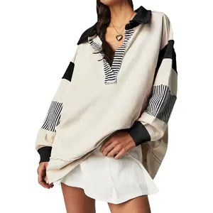 Women's loose shirt contrasting color striped long sleeved top casual pullover, suitable for autumn club streetwear aesthetic clothingRAIMENTRY