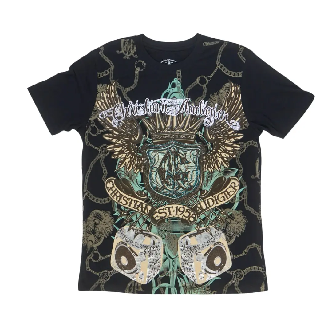 Christian Audigier Crown & Wings Tee Short Sleeve Crew Neck Rock Style Summer Medium Length 100% Cotton with Rhinestone & Metallic Details