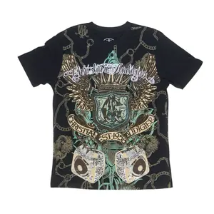 Christian Audigier Crown & Wings Tee Short Sleeve Crew Neck Rock Style Summer Medium Length 100% Cotton with Rhinestone & Metallic Details
