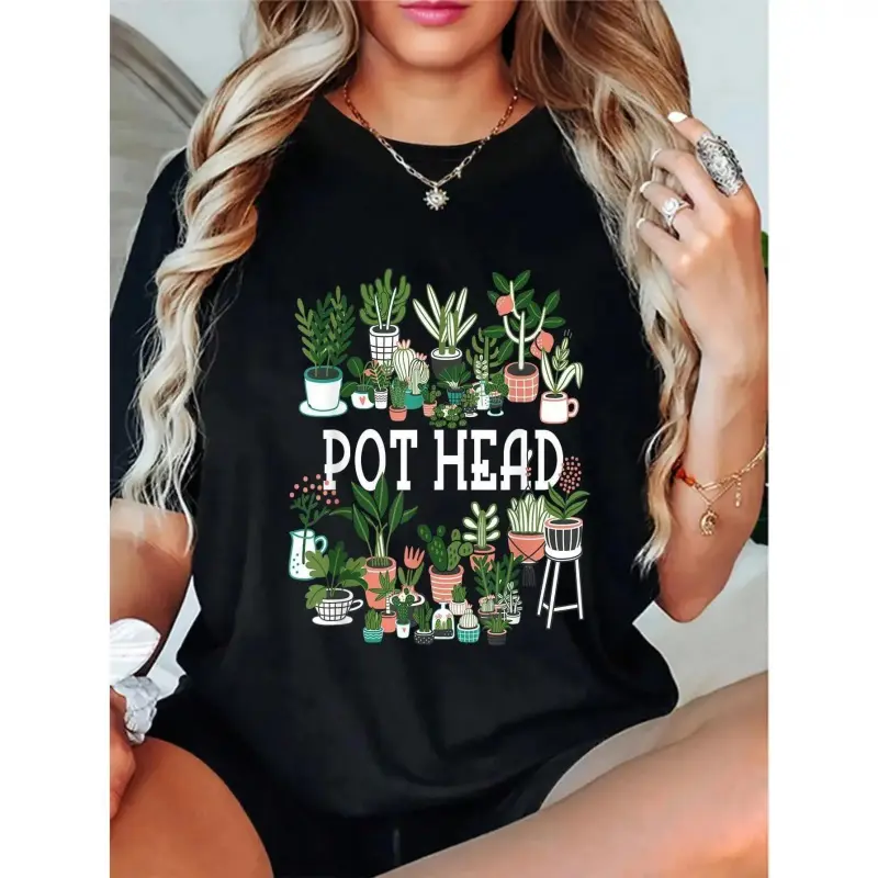 Women's Plant Lover Slogan Graphic Casual T-Shirt - Short-Sleeve, Round Neck, Breathable Fabric Sports & Outdoor Top, Black, Tshirt