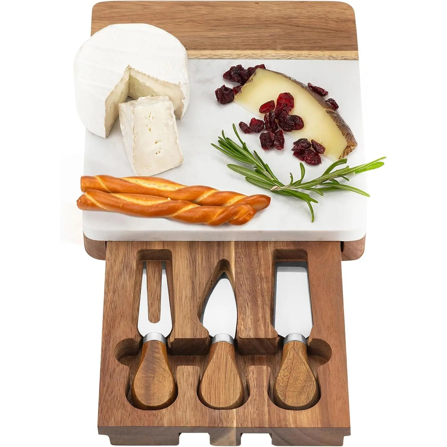 Mini Square Marble-Wooden Cheese Platter & Board Set with Custom Engraved Cutlery, Sturdy Stylish Kitchen Tableware Set, Gift-Ready for Mother’s Day, Housewarming