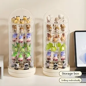 Mini Hand Office Blind Box Display Case with a Lid, Featuring a Multi-Tier Rotating Desktop Shelf, Clear Storage Box