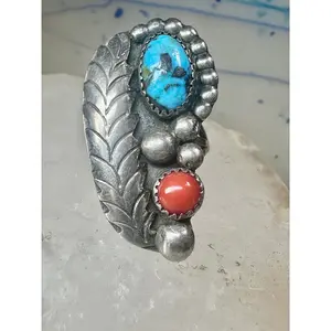 Turquoise coral ring size 6 Navajo feather sterling silver women
