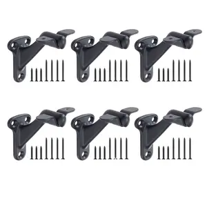 Six Pack Handrail Hardware Brackets For Stairways Heavy Duty With Powder Coated Matte Black Finish, Sturdy Steel Construction, Indoor Outdoor Use, Includes Mounting Screws And Wall Anchors, Durable Brackets For Railing System