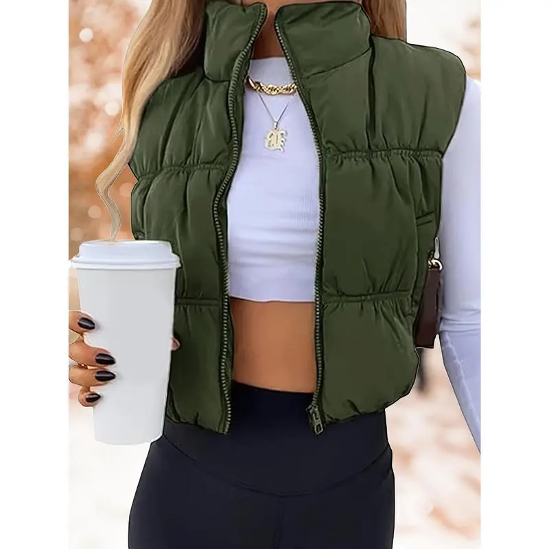 Women's Cropped Puffer Vest, Essential Lightweight Padded Gilet with Stand Collar, Soft Solid Nylon Zip-Up Outerwear with Elastic Hem