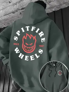 Men's Spitfire Pattern Fitted Hoodie, Skate Culture Print, Kangaroo Pocket, Drawstring Cap, Casual Streetwear, All Seasons Comfort, Graphic Sweatshirt