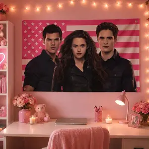 Twilight Trio Flag | Bella Swan, Edward Cullen, Jacob Black | Pink US Flag Tapestry | Vampire Romance Dorm Frat Decor