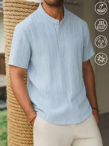 Summer solid-color Henley-neck T-shirt with stand collar design — a stylish, cool, casual top for summer