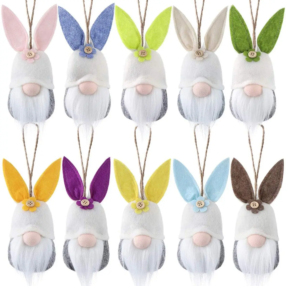 Easter Hanging Bunny Ornaments Set of 10  Colorful Plush Gnomes for Tree Decorations