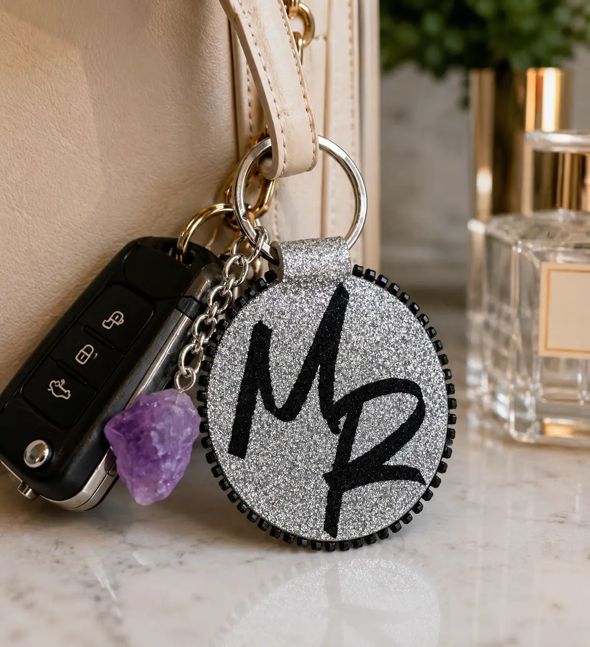 Handmade Amethyst Crystal Keychain with Rhinestone Trim - Made Royal Logo Fashion Costume Jewelry Accessory