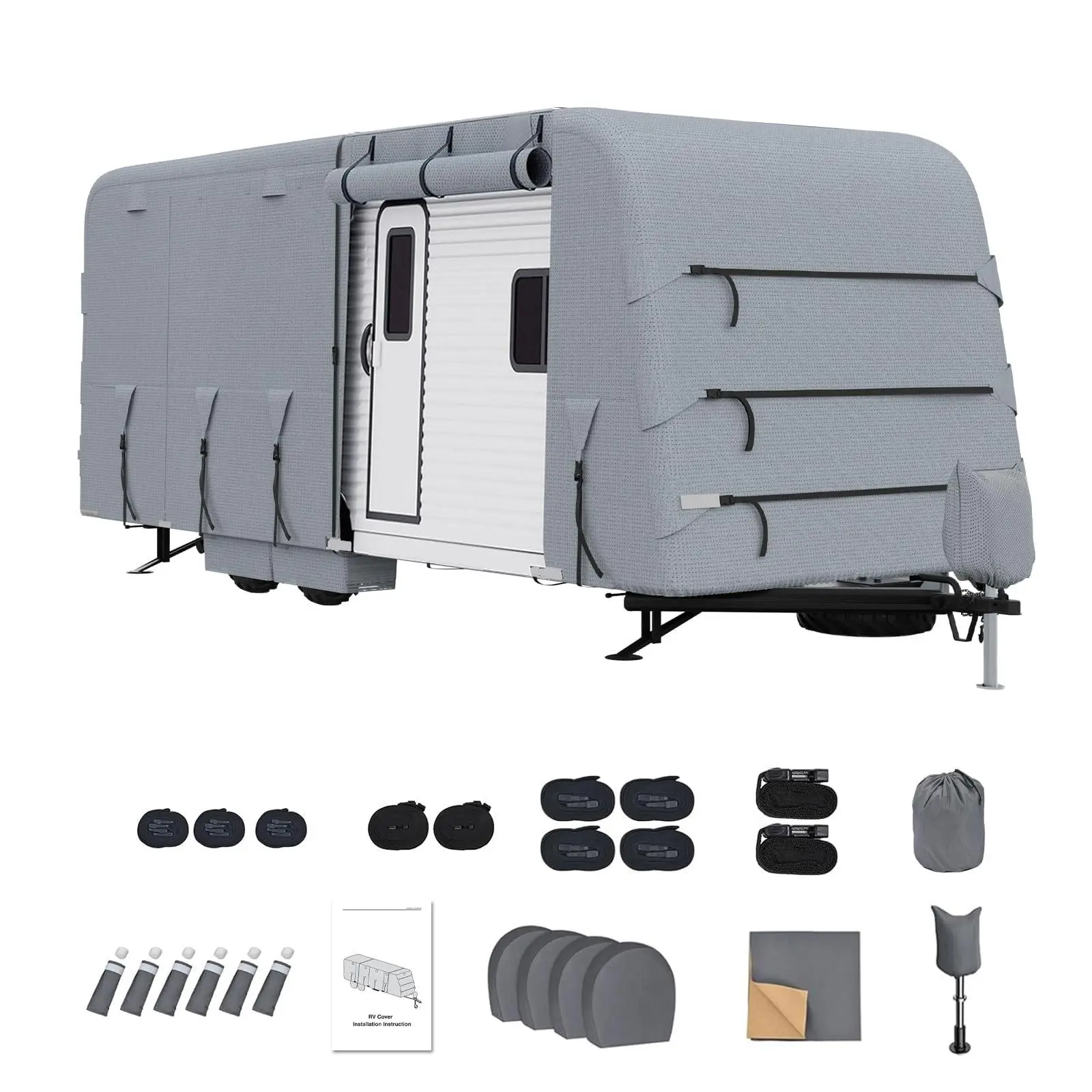 Waterproof CaravanCover, Heavy Duty 4-Layer Trailer RV Cover with Straps, Windproof Anti-UV All Season Protection with Extra Reinforced Ropes & Gutter Covers Silver Tone,18-20FT