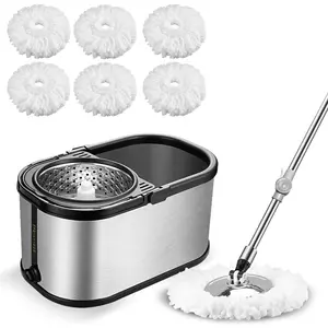 Spin Mop System Stainless and Mop Set with 6 Microfiber Head Refills, Mop with 4 Wheel