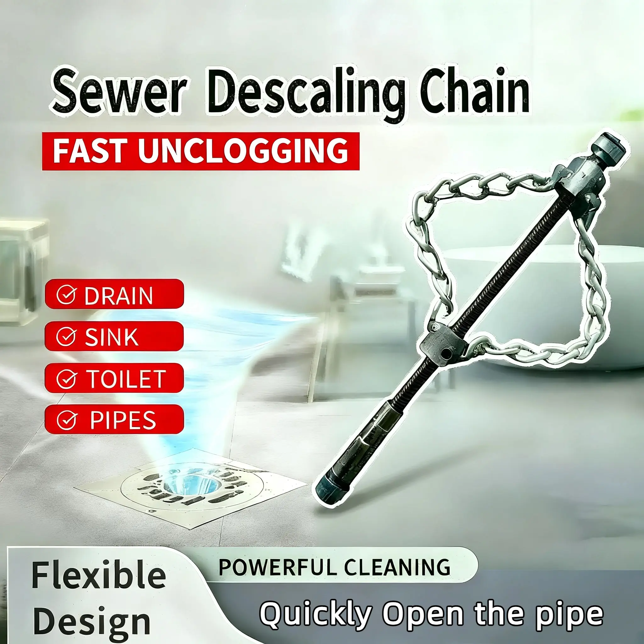 Sewer Descaling Chain, Flex-Shaft design, Multi-Purpose PVC Pipe Maintenance Tool, Push-Type Rotary Cable Sewer Dredge, Oil Pollution in Pipeline Blocks Drilling Tools, Suitable for 16mm Spring