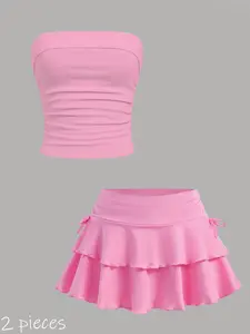 A 2-piece set of casual strapless top and skirt for teenagers, simple and versatile, comfortable for sports, suitable for travel, play and gatherings, suitable for teenagers' clothing