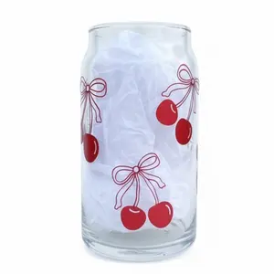 Cherries and Flowers Glass Can Cup 16 oz with Lid & Straw Handmade High-Quality Permanent Vinyl Drinkware Tumbler